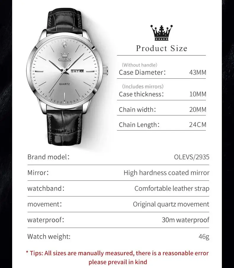 ساعة OLEVS 2935 بتقويم مزدوج كوارتز للرجال ساعات ر...