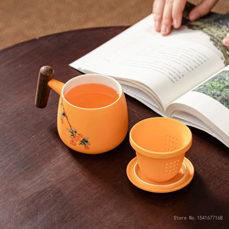 Persimmon Pattern Tea Mug Creative Ceramic Sky Blue Orange, Home, Tea Room, Study, Office Supplies, Milk, Coffee Cup, 350ml, 1Pc