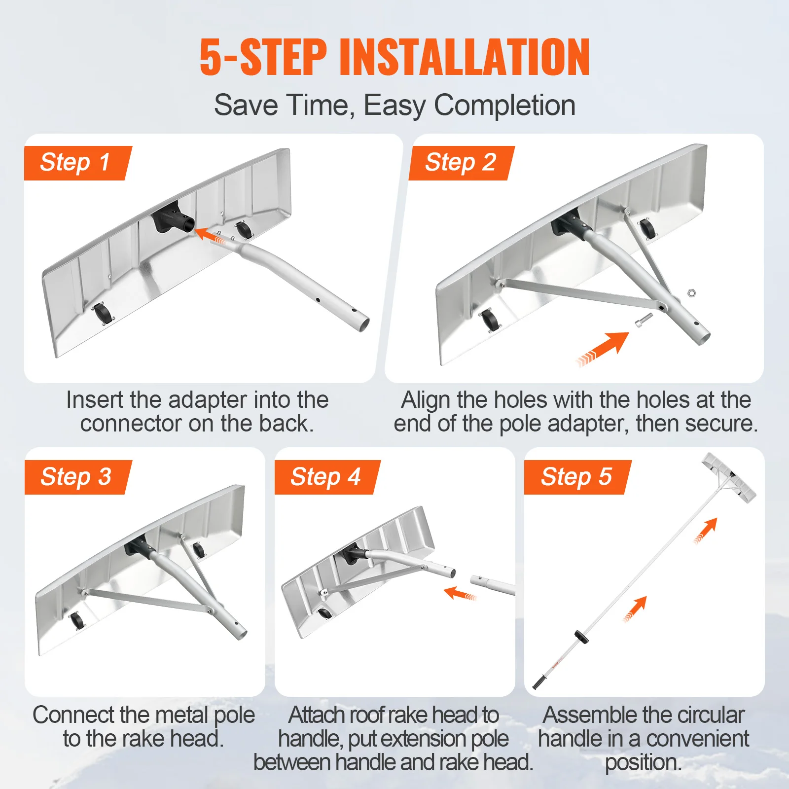 VEVOR Snow Roof Rake 25" Blade Snow Removal Tool 21ft Aluminium Roof Shovel W/anti-Slip Handle for House Roof Snow &Protection 6