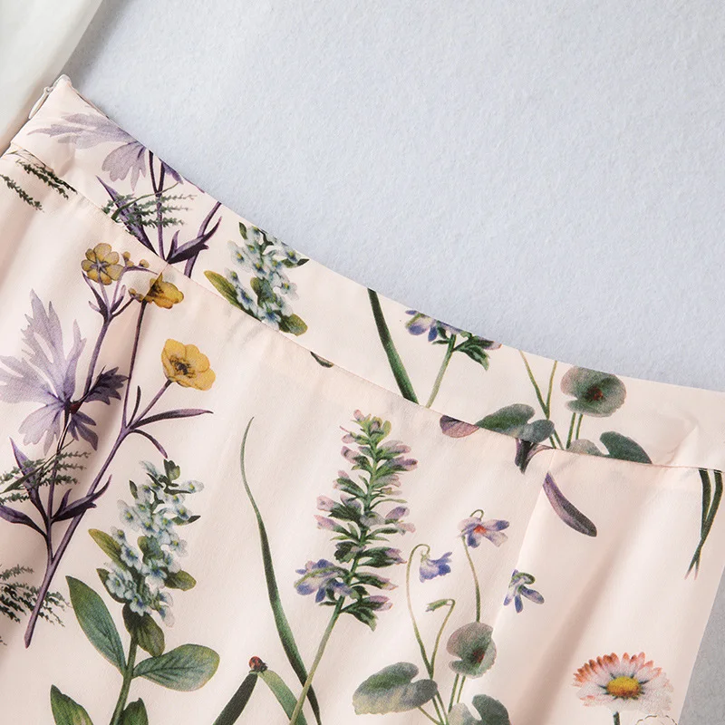 Birdtree Summer Elegant 100% Real Silk Skirt High Waist A-line Vintage Ink Print Invisible Zipper Long Skirts Women B36553QM