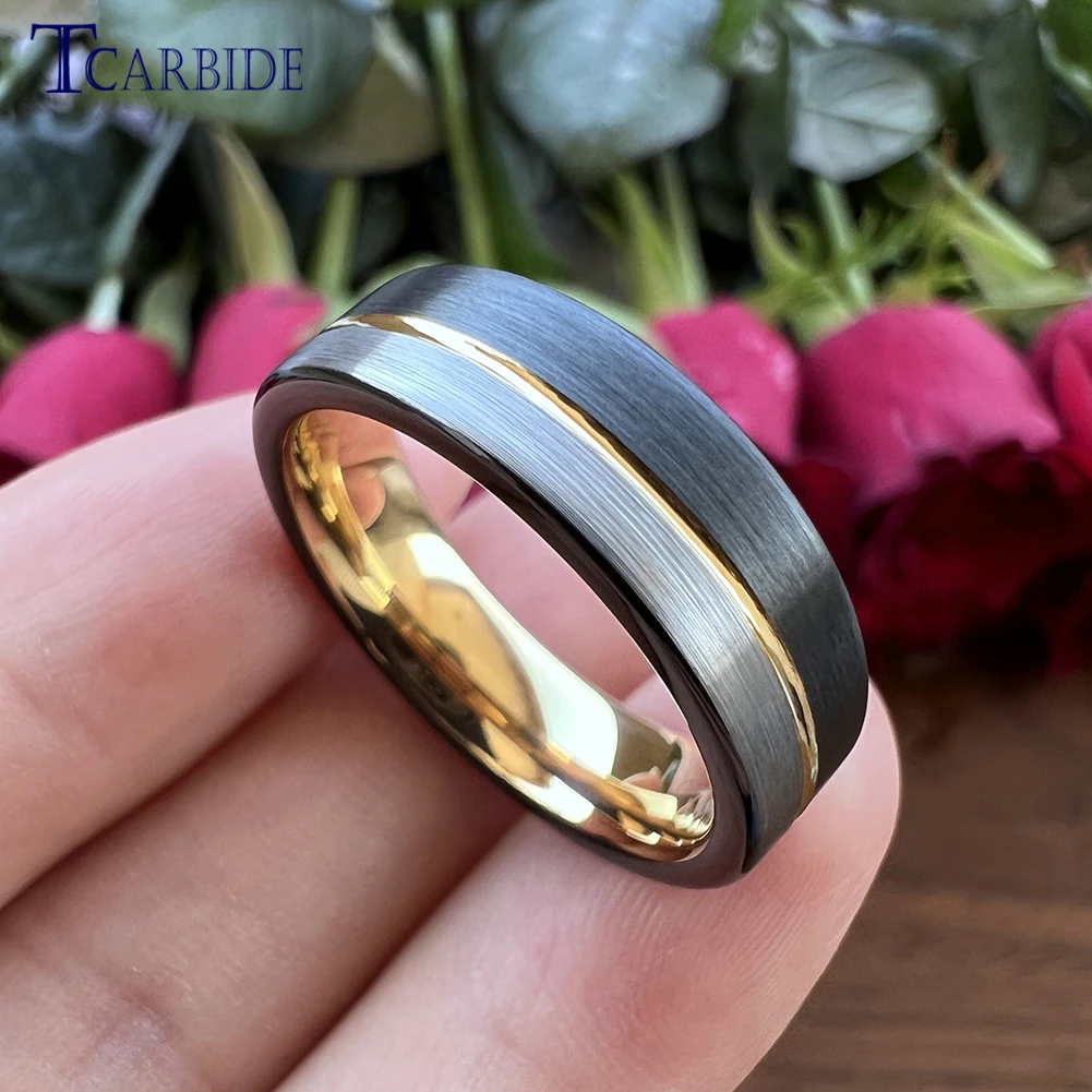 6MM Multicolor Tungsten Wedding Band for Men Women Black Gold Color Offset Grooved Brushed Fashion Gift Jewelry Comfort Fit