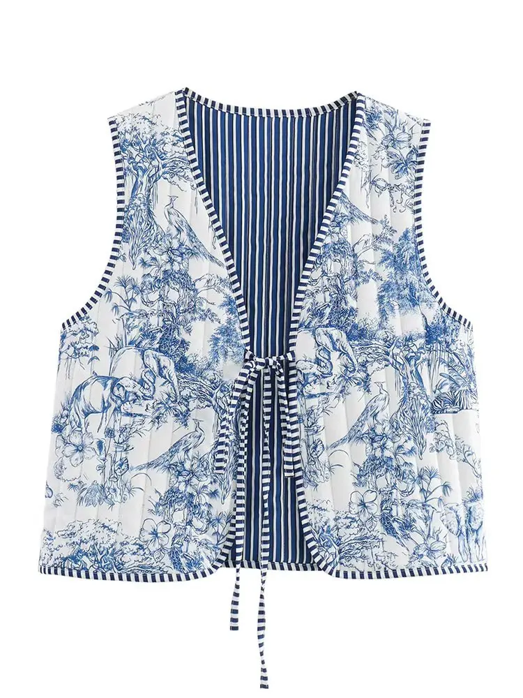 HH Women Fashion Print Vests V Neck Lace Up Sleeveless Waistcoat Tops Autumn Woman CasualY2K Outerwear Coats