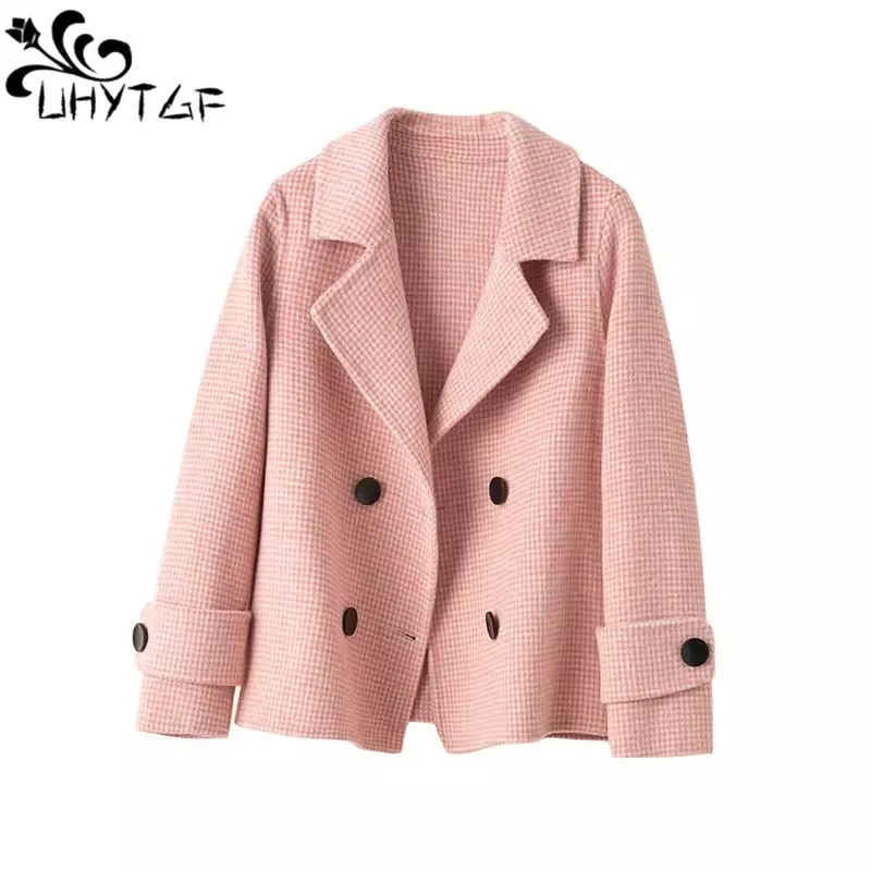 

UHYTGF Coat Winter Women High-End Double-Sided Wool Jacket Female Fashion Double-Breasted Autumn Short Woolen Coat Ladies 2649