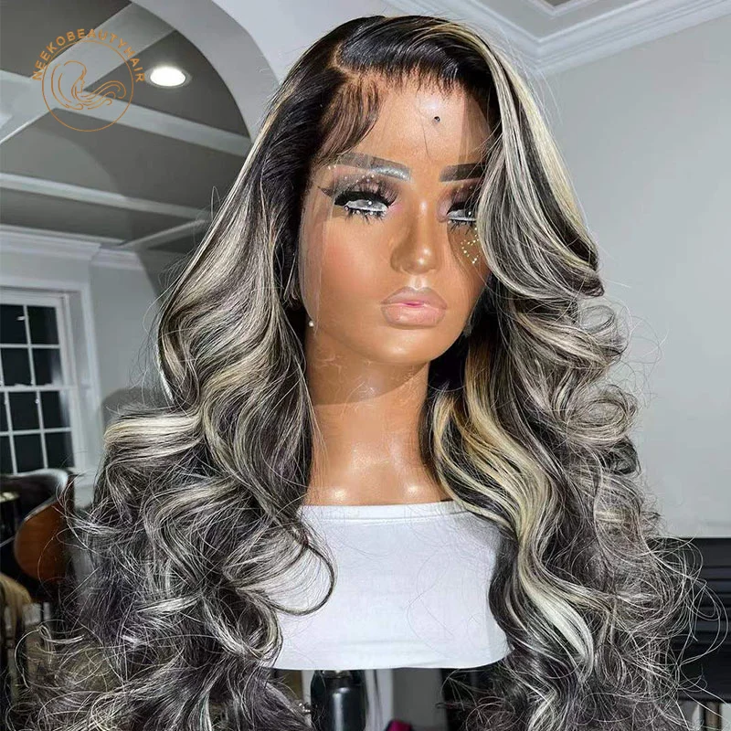 Lace Frontal Wigs Black Grey Highlight Wig Wavy 13X4 Lace Front Wig Highlight Blonde Colored Human Hair Wigs Closure Wig