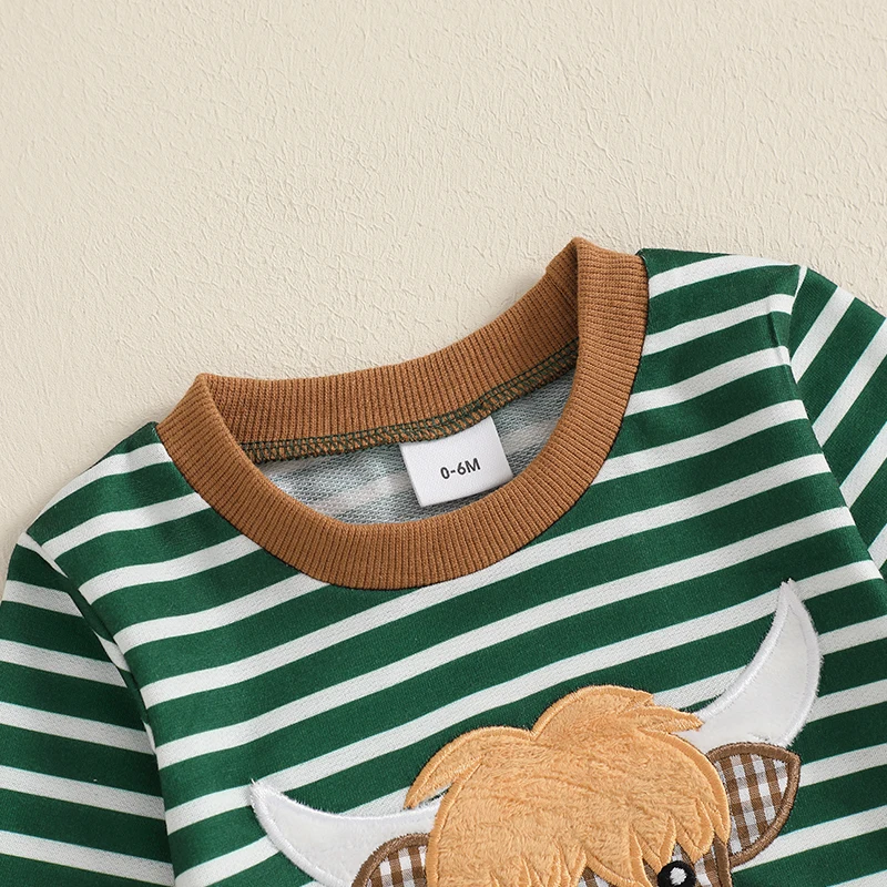 Embroidered Cow Top & Striped Pants Set 4