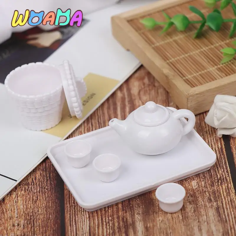 

Новинка, миниатюрный чайник WOADA 6 шт./компл. 1:12 для кукольного домика, чашки для кофе и чая, модель подноса, кухонные игрушки, чайный набор для кукольного домика