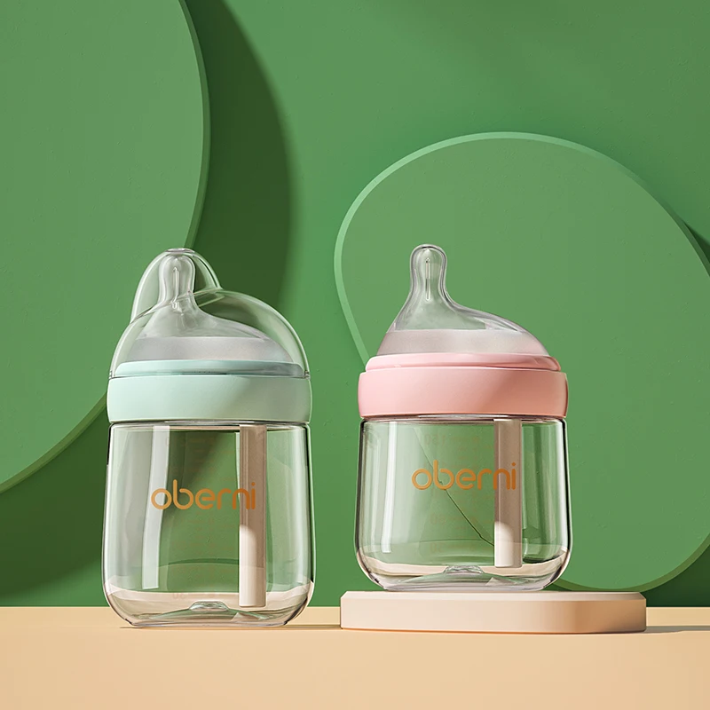 Oberni baby bottle glass feeding bottle new vent with breast-like silicone nipple for baby newborn 5OZ 7OZ milk