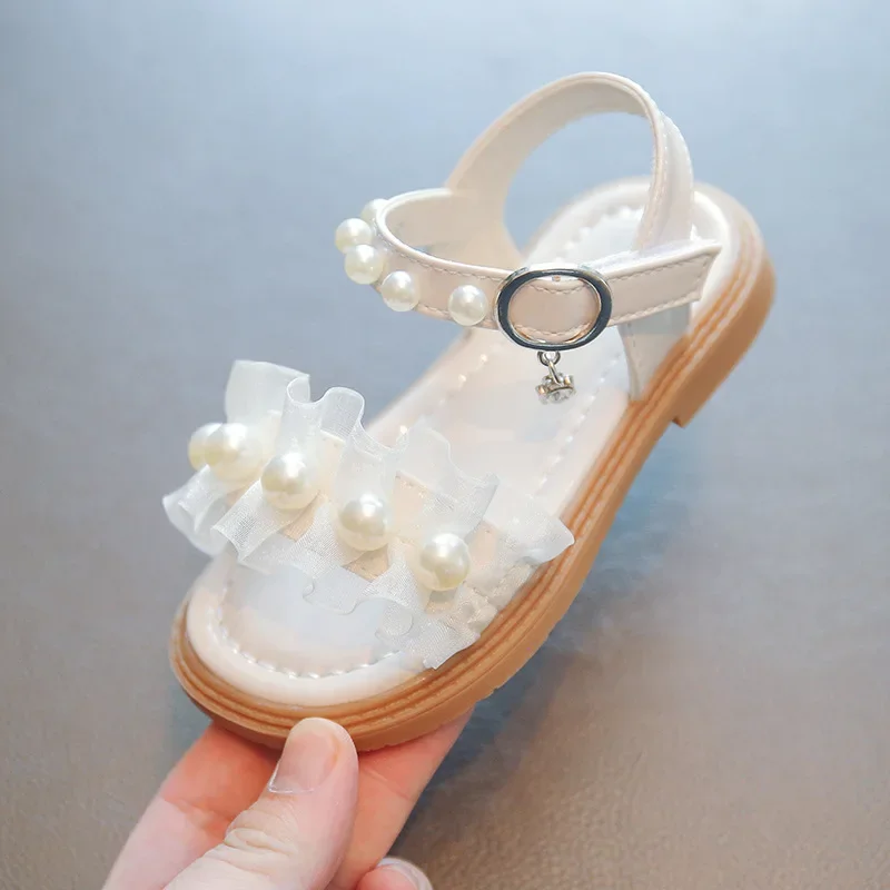 

Pearl Mesh Casual Children Beach Shoes Girls Princess Flats Sandals 2022 Summer New Kids Soft Bottom Baby Anti-Slippery Footwear