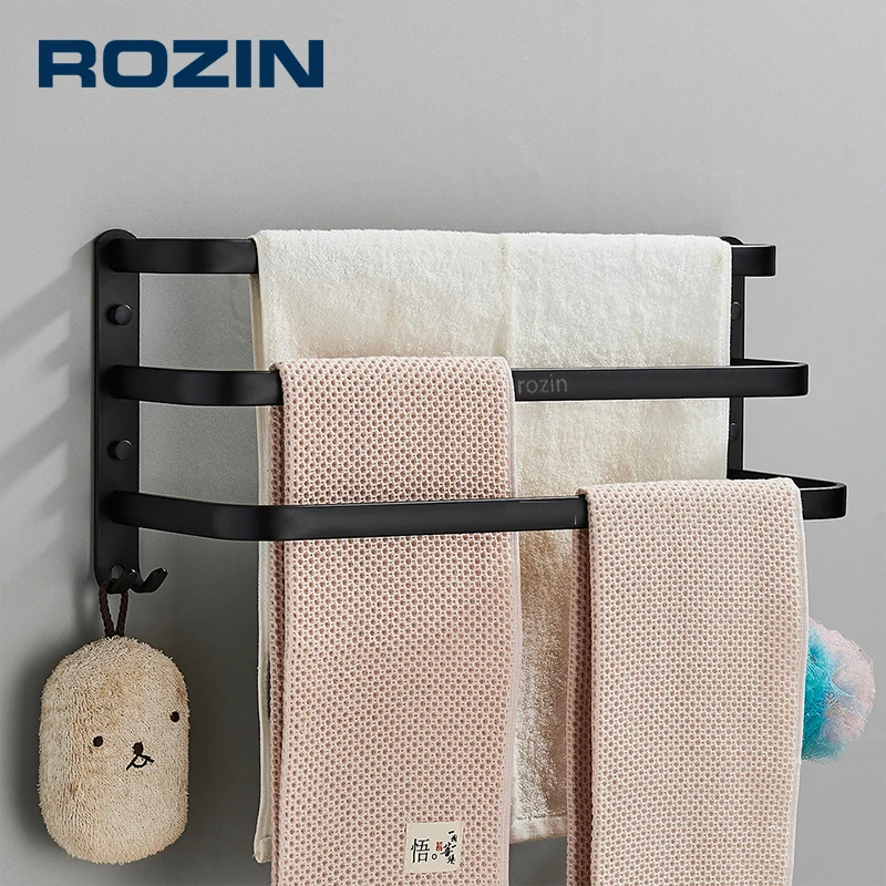 Towel rack towel holder Towel Hanger Black and White Brief Space Aluminum Bathroom Towel Rack with Hook Multiple Layer Wall Mounted Punch Cloth Holder