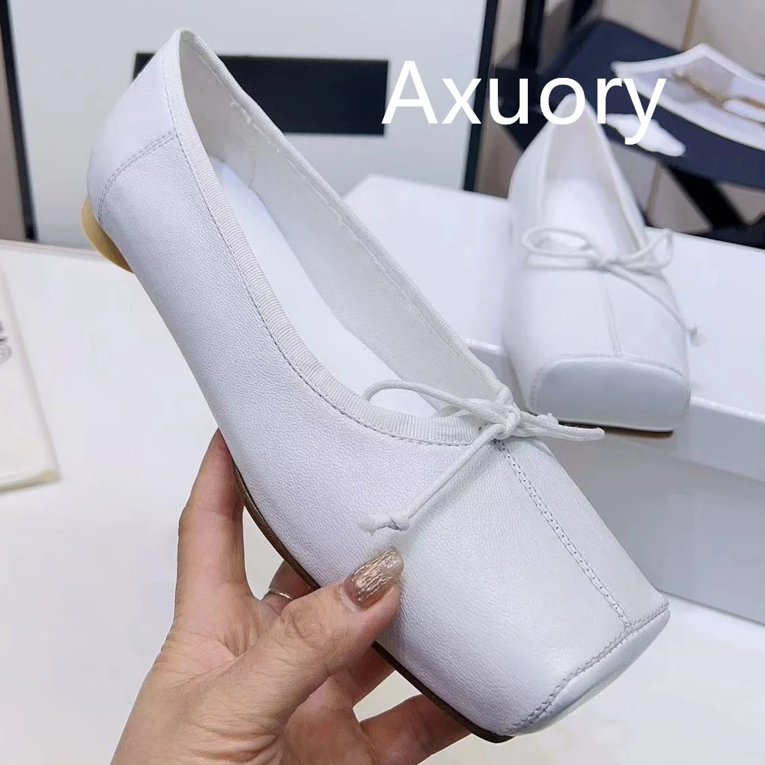 2023 New Style Square Toe Ballet Shoes Solid Color Genuine Leather Fabric Comfortable Foot Feel High Quality