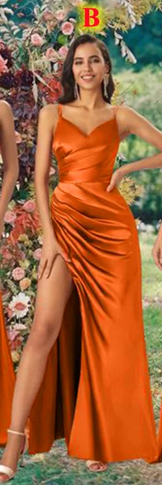 Vestidos longos laranja dama de honra com flâmula plissado, sereia lado  Split bainha, vestido do convidado do casamento, festa formal - AliExpress