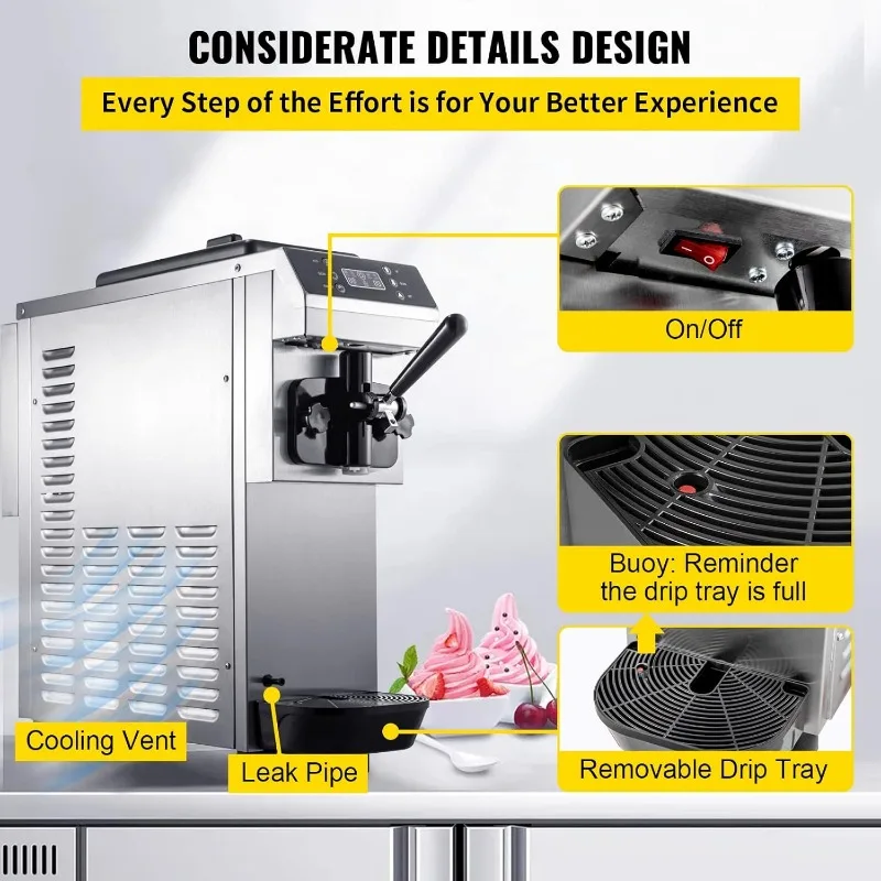 VEVOR Soft Serve Ice Cream Machine for home,3.4 Gal/H Commercial Machine,Single Flavor Ice Cream Maker,1200W Countertop 6