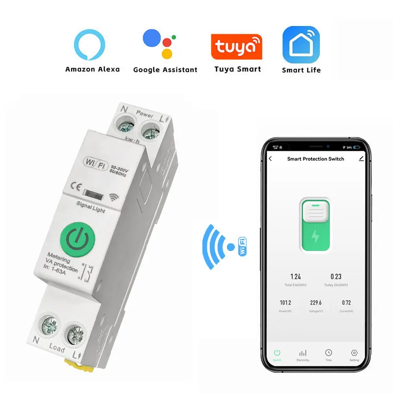 Tuya Smart Life WiFi 63A Timer Circuit Breaker Overload Protect App Power Monito