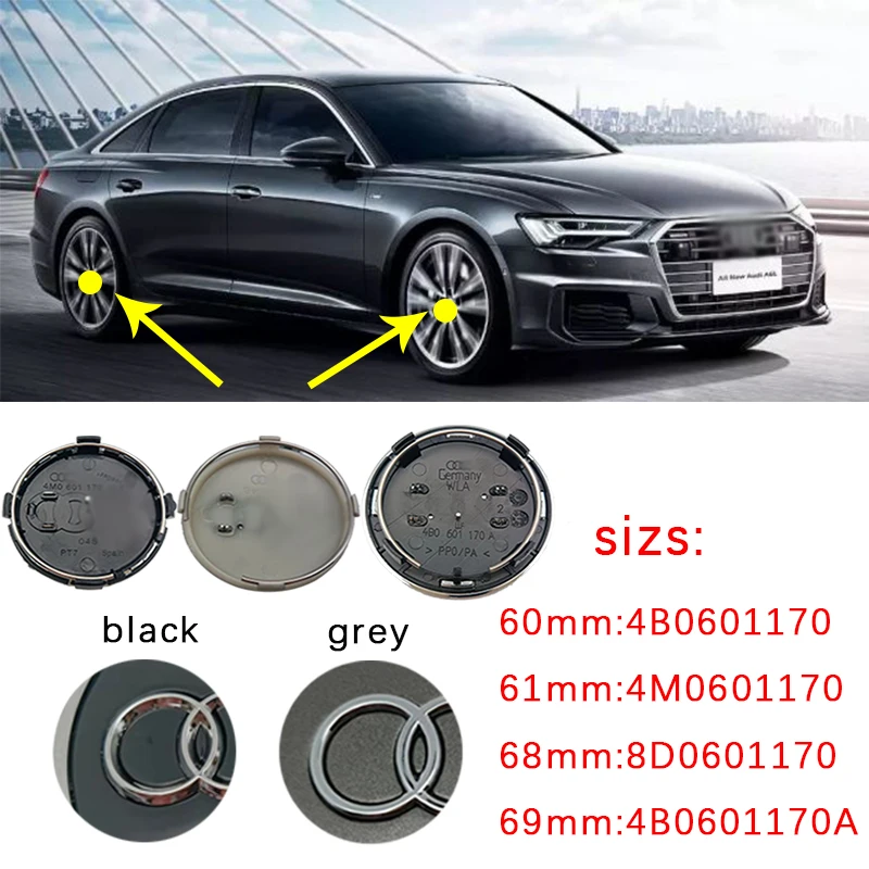 4pcs 60mm 61mm 69mm Car Styling Wheel Center Cap Hub Covers Badge 4B0601170 For Audi A3 A4 A5 A6 A7 A8 S4 S6 Accessories |