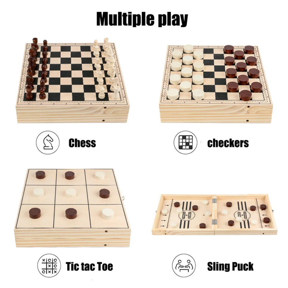 4 in 1 Wooden Chess Party Games Children Set Checkers Tic Tac Toe Sling Puck High Quality Folding Board Table Game Family bouncing chess catapult kids educational toy puzzle funny wood fast sling puck game short board