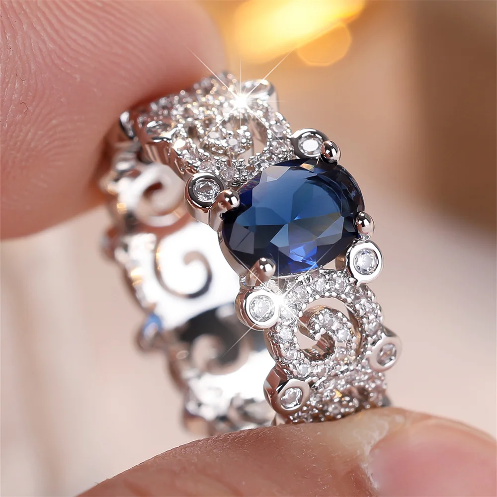 Blue Crystal Oval Stone White Zircon Rings For Women Vintage Silver Color Engagement Bands Wedding Jewelry Bridal Versatile Gift