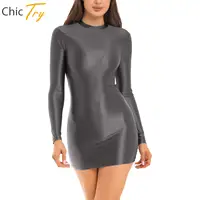 Adults Womens Long Sleeve Oil Bodycon Dress Glossy Stretchy Tight Dress Nightwear Beach Pool Party Date Night Swimming Costumes