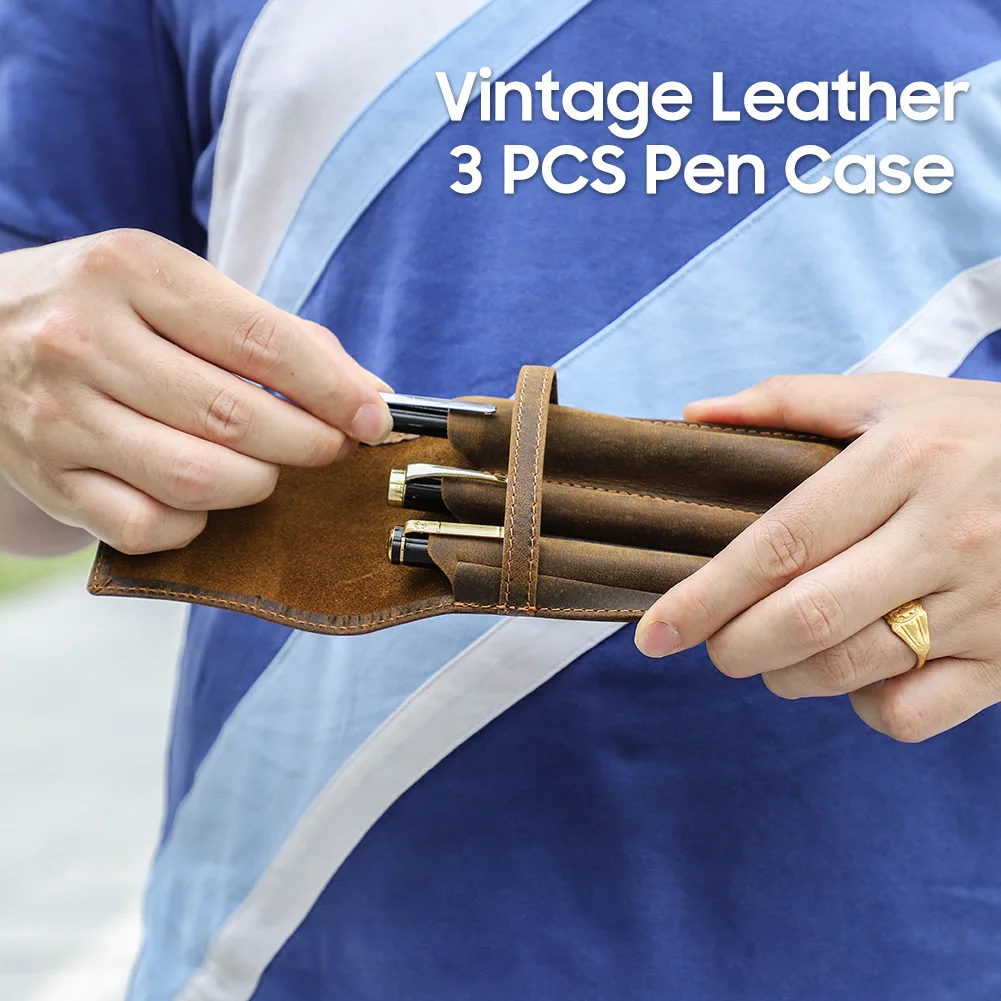 Handmade Vintage Genuine Leather Pen Holder case Luxury Pen Sleeve  Organizer 1/2/3 Slots Pen Pouch Pocket Pencil Storage Bag Vi