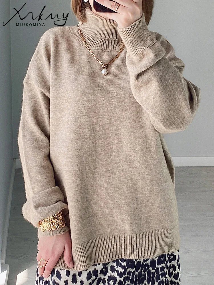 Autumn Oversized Sweater Turtleneck Women Thick Warm Pink