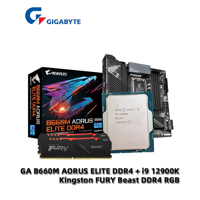 Intel I9 12900k Cpu + Ga B660m Aorus Elite Ddr4 Motherboard + Kingston Fury Beast 32g (16g*2