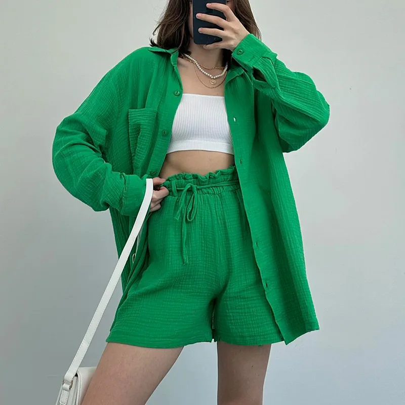 

Women's 2023 Summer New Product Thin Long-sleeved Cardigan Coat Bud Tie Shorts Casual Two-piece Set