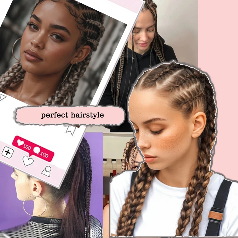 LUPU 2pcs Hair Pigtails Wig Synthetic Extensions Ponytail 18inch Highlighted Boxer Braids with Rubber Band False Women Hairpiece