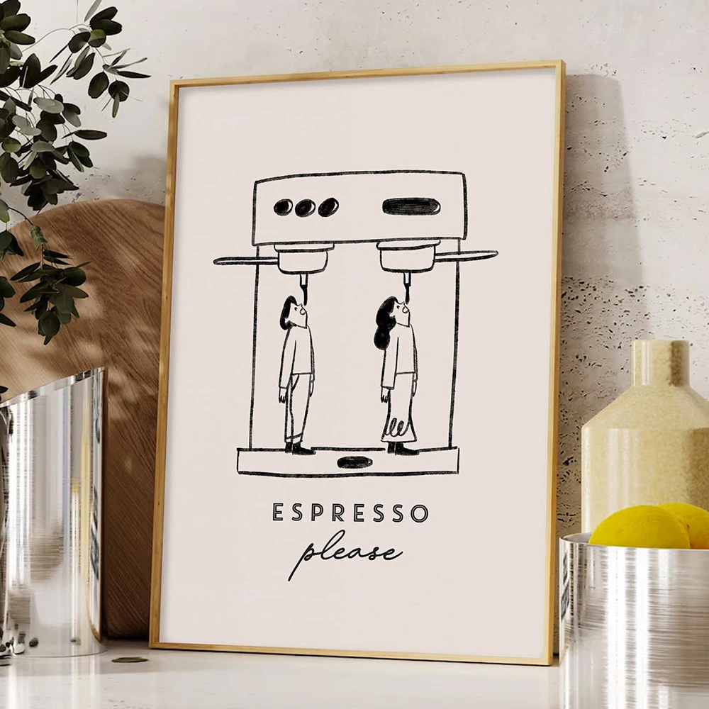 Abstract Line Cartoon Coffee Drink Wall Art Print And Poster Espresso Please Canvas Painting Wall Picture Kitchen Art Cafe Decor