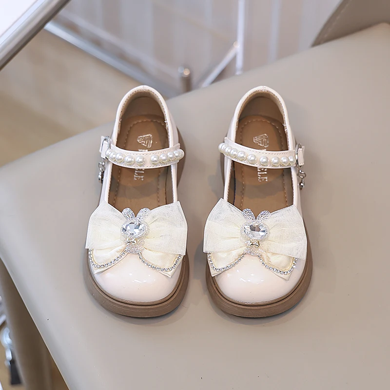 New Girls Leather Shoes with Rhinestones Bear PU Simple Non-slip Children Fashion Princess Shallow Loafers Drop