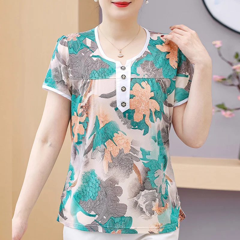 Elegante Vrouwelijke Blouses Zomer 2024 Casual Dames Tops Van Middelbare Leeftijd Bloemenshirt Met Korte Mouwen En Print