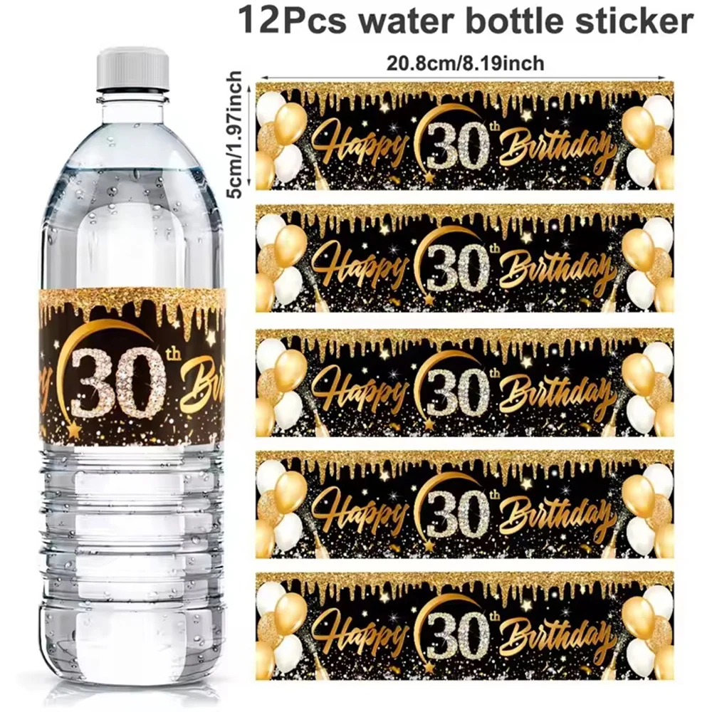 Elegant Black and Gold Birthday Bottle Stickers - Set of 12