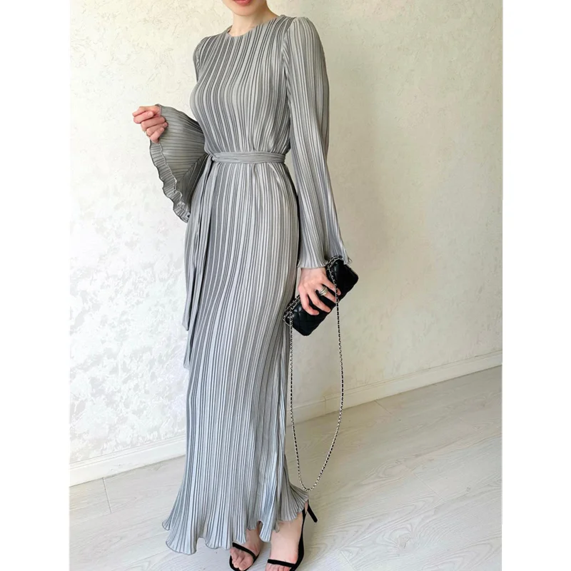 

2024 Pleated Dress for Birthday Woman Female Flared Sleeve Loose Banquet Dresses Luxurious Turkish Evening Gown for Fashion Lady