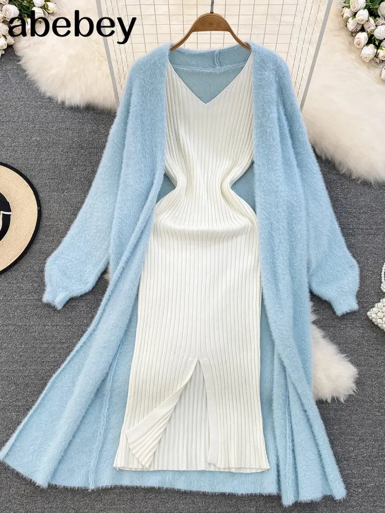 

2022 Knitted Women Sets Loose Long Sleeves Long Cardigan Sweater+ Solid Elastic Dress French Style Casual Two Piece Set Outfits