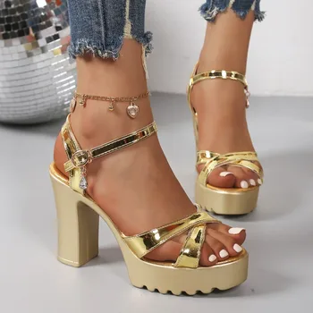 Summer Luxury Diamond Buckle Strap Women's Pumps Square Heel Solid Pumps Shoes Women Fashion Pu Platform High Heels Female 1