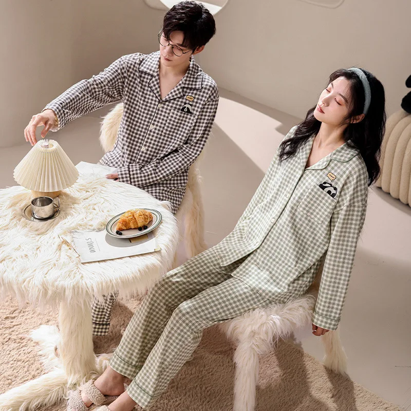 Fashion Couple Pajama Set for Mens Pyjama Loungewear Nightwear Long Sleeve Sleep Trousers Cotton Pajamas Sleepwear Lover Pijamas korean sleepwear for couple lovers cartoon bear pajama set summer cotton pyjama men women nightwear o neck homesuit casual new