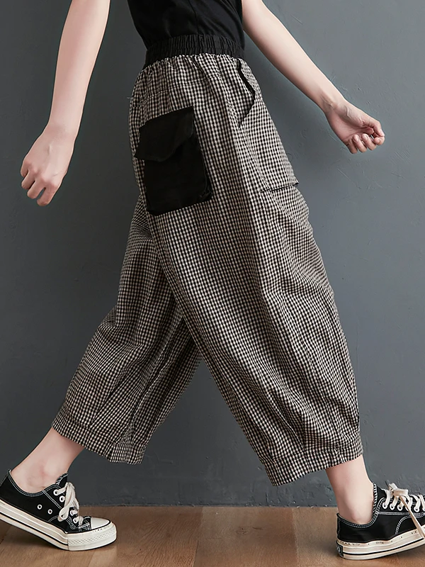 Retro Cotton Linen Plaid Wide Leg Pants Women Summer Casual Seven-Foot Loose Large Size Fat MM Match Lantern Pants