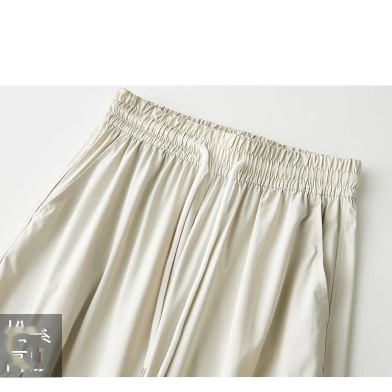 Women's Solid Spring Autumn High Waist Pockets Drawstring Elastic Casual Sports Wide Leg Workwear Trousers Office Lady Pants