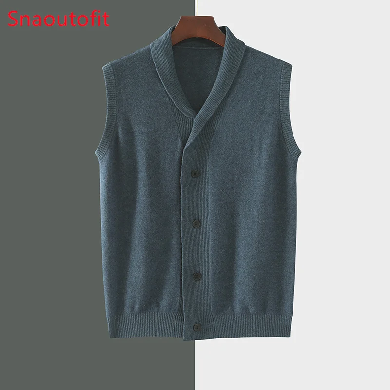 Spring and Autumn Business Leisure Men's Clothing Wool Vest Knitted Cardigan Men's Lapel Solid Color Sleeveless Cashmere Sweater
