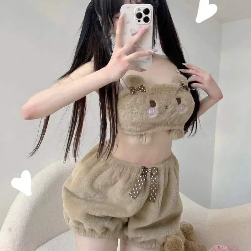 Kawaii Plush Cartoon Autumn Winter Kuromi Melody Cinnamon Pajamas Underwear Bra Little Devil Sexy Cute Home Clothes Gift