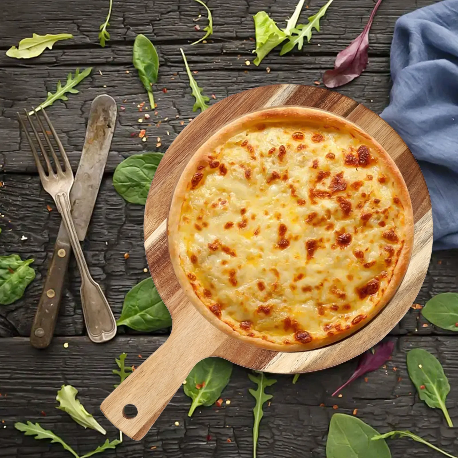 Wooden Pizza Board Round With Hand Pizza Baking Tray 16 Inch Round Cutting Board Platter Cake Bakeware Tools