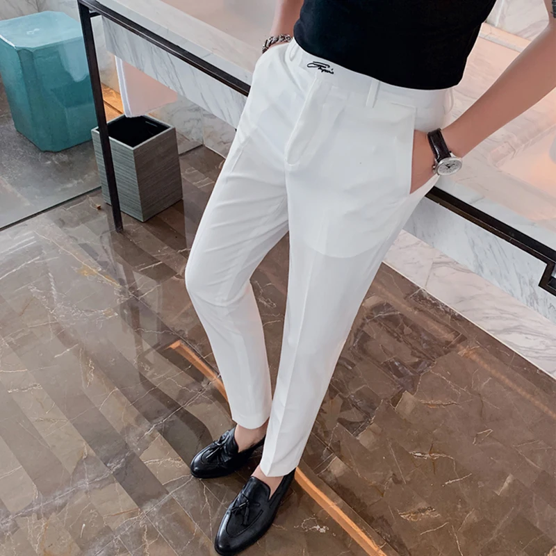 

Pants Dress Slim White Formal Trousers Wedding Suit Banquet Mens Stage Embroidery Business Social Groom And Black Performance