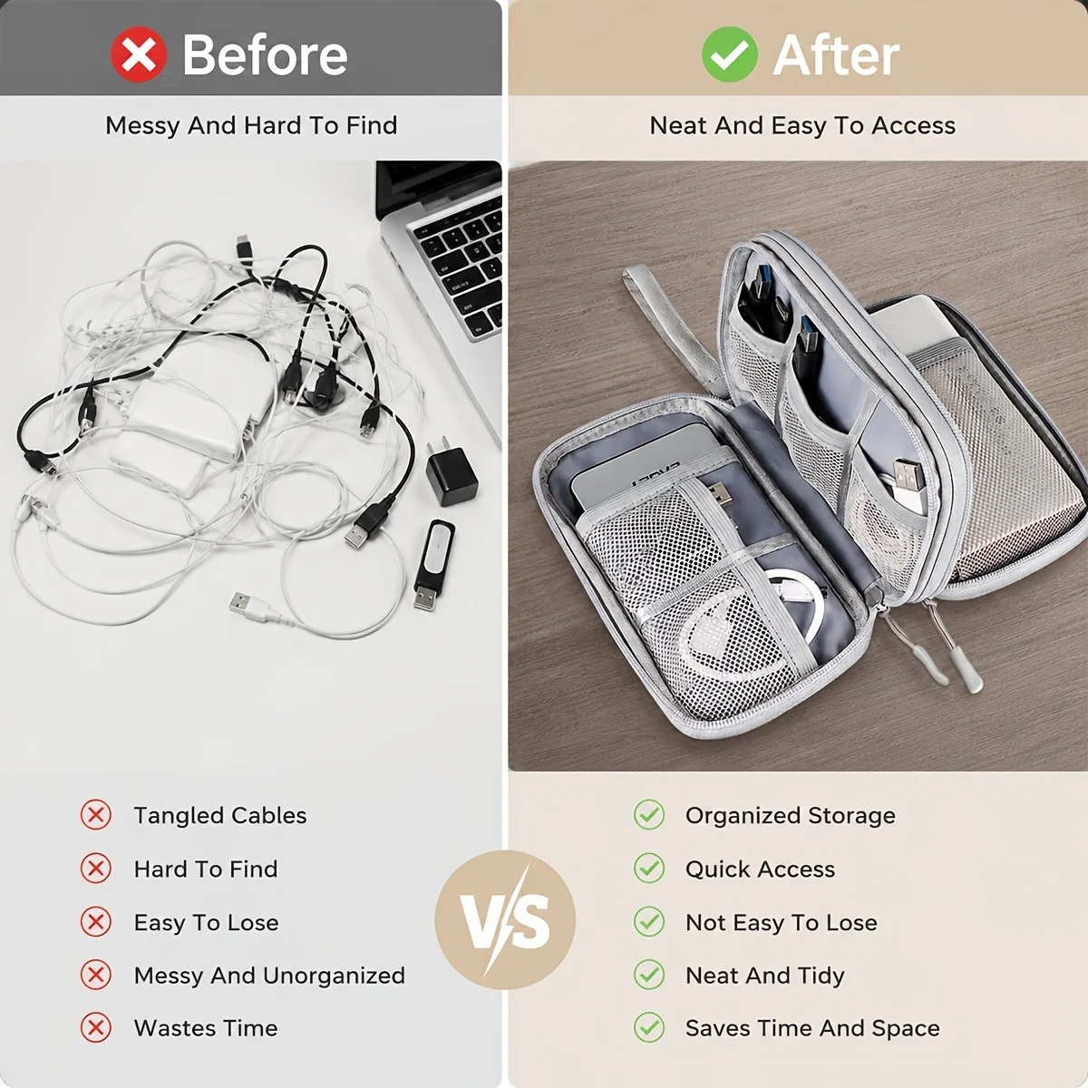 Travel Organizer Bag - Portable Waterproof Cable Storage Pouch with Double Layers