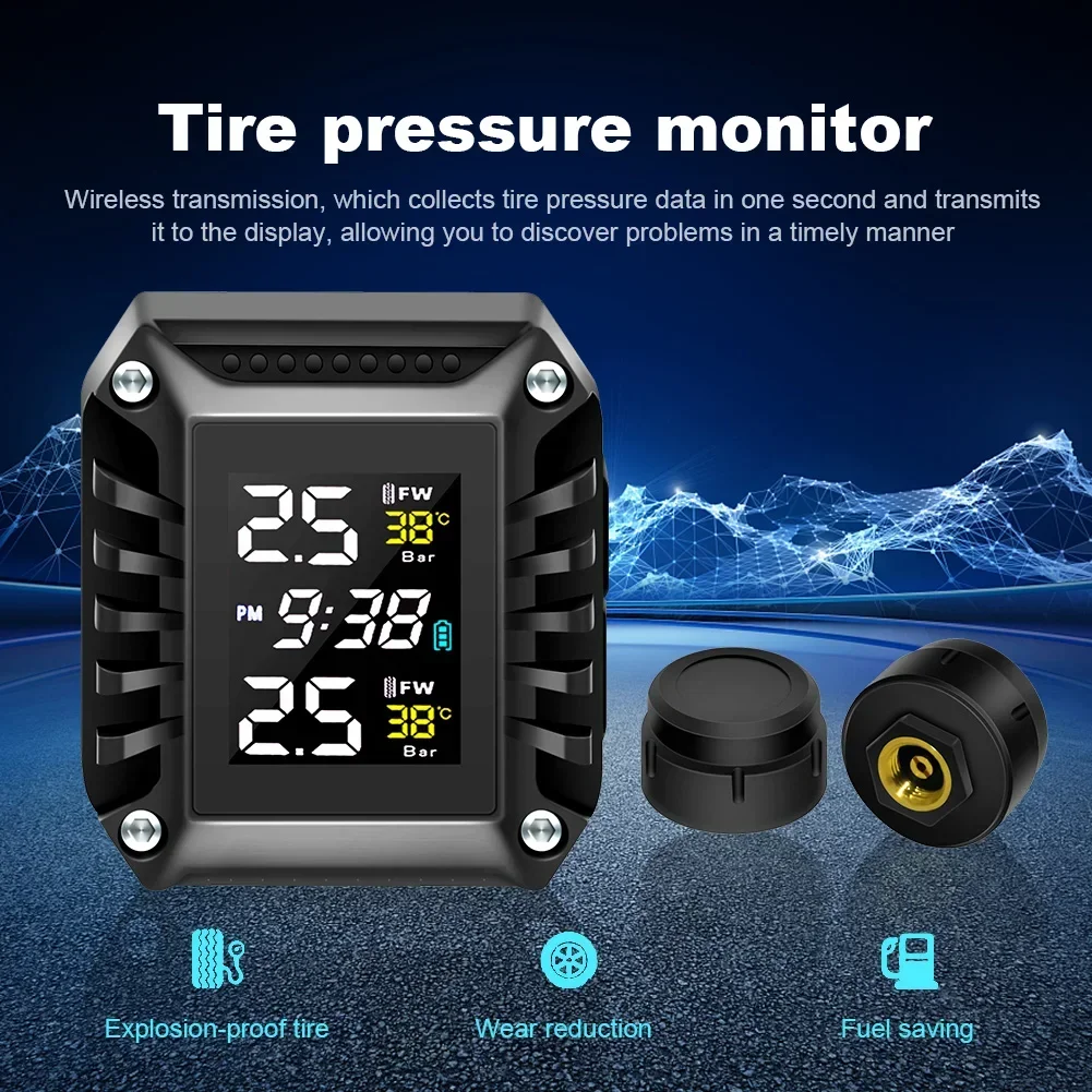 Wireless Motorcycle TPMS 2 External Sensors Motorbike Tire Pressure Monitoring Tyre Temperature Alarm System with Time Display