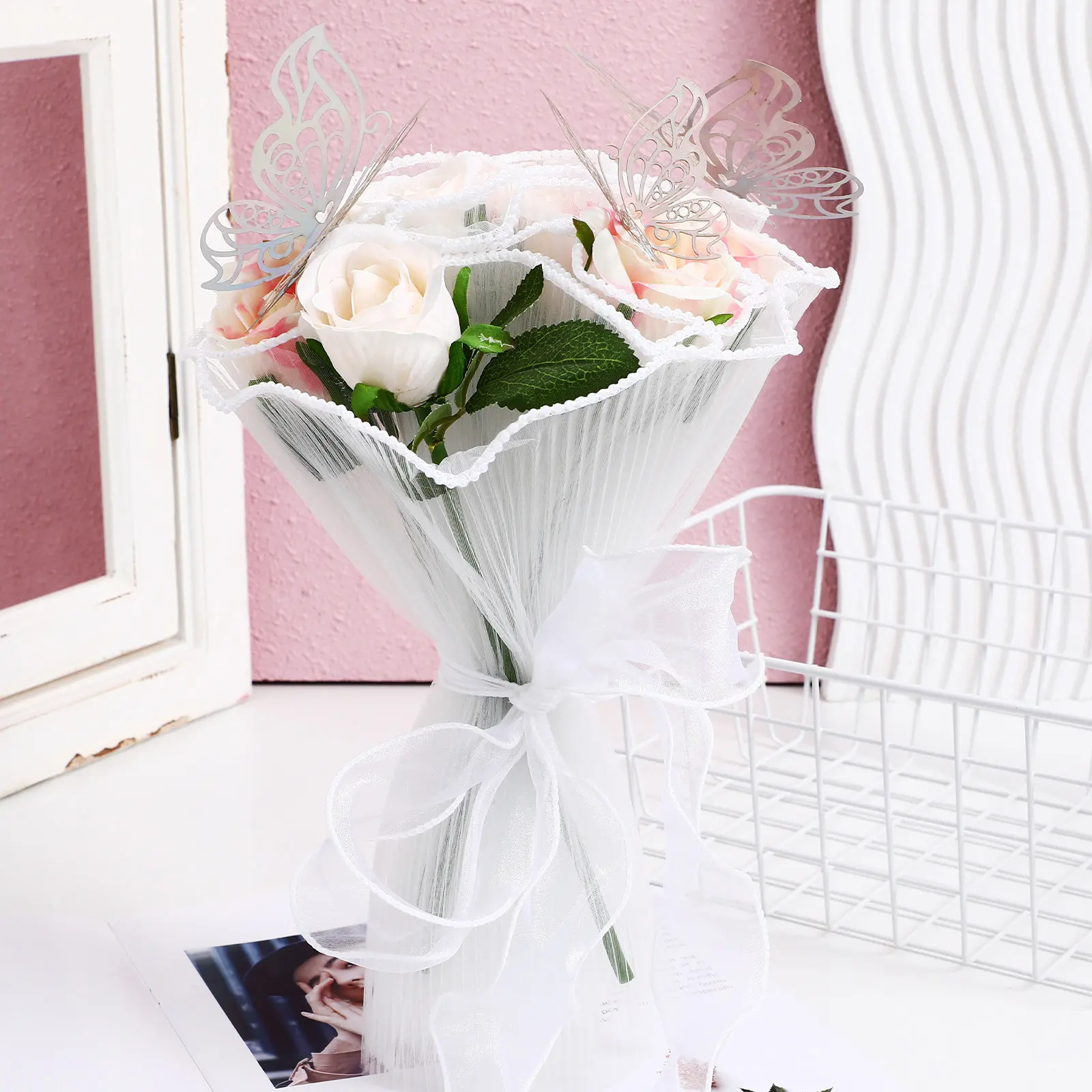 1세트 진주망사 꽃다발 포장용 꽃무늬 종이 나비 장식 우아한 부드러운 원사 소재 리본 용품