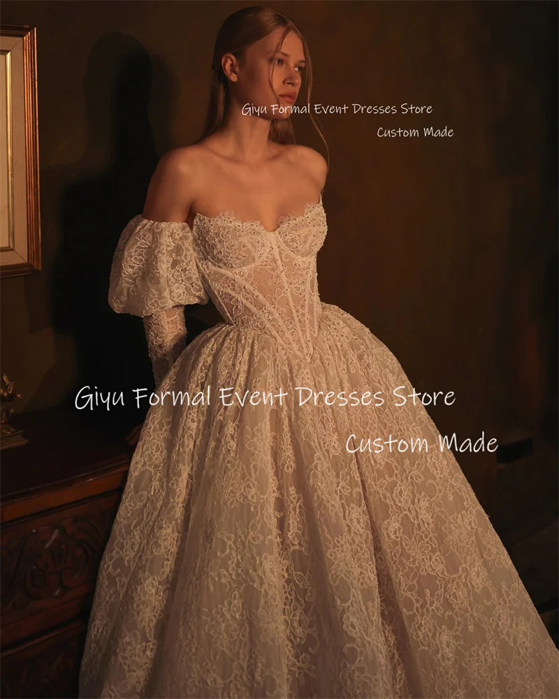Wedding Dresses A Line Giyu Full Lace Puff Long Sleeves Sweetheart Boning Sweep Train Bridal Gowns