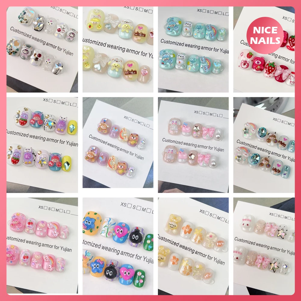 

Cute Short Girl Presse On Nails Sisters Daughters Nails Gift Cartoon Hand Painted Hand Wearing 3D Cat Eyes Artificial Nails Art