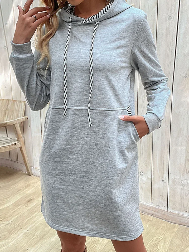 

Women Dress Spring Autumn Korean Fashion striped Elegant Long Sleeve Top Loose Casual Vintage Hooded Sweatershirt Female Clothes