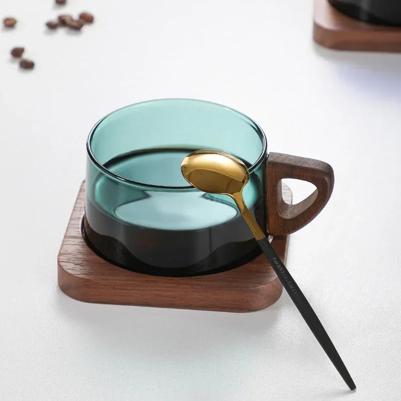 

Wood American High-grade Chiseled Latte Cup with Tray, Milk Coffee Cup, Glass Coffee Cup, Household Glass Cup, Office Water Cup