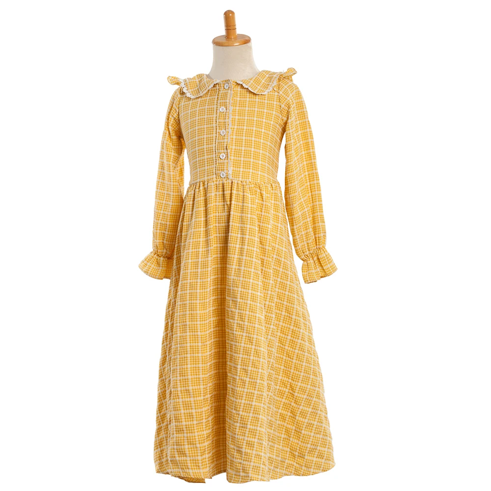 Children Vintage Green/Yellow/Brown Plaid Cotton Colonial Day Dress Girls Historical Pioneer Dress Prairie Costume for Child