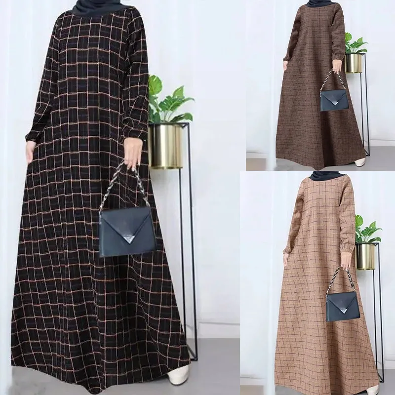 

Vintage Cotton and Linen Dress for Women Plaid Long Sleeve Muslim Dress Dubai Full Length Abaya Turkey Muslim Loose Spring Robes