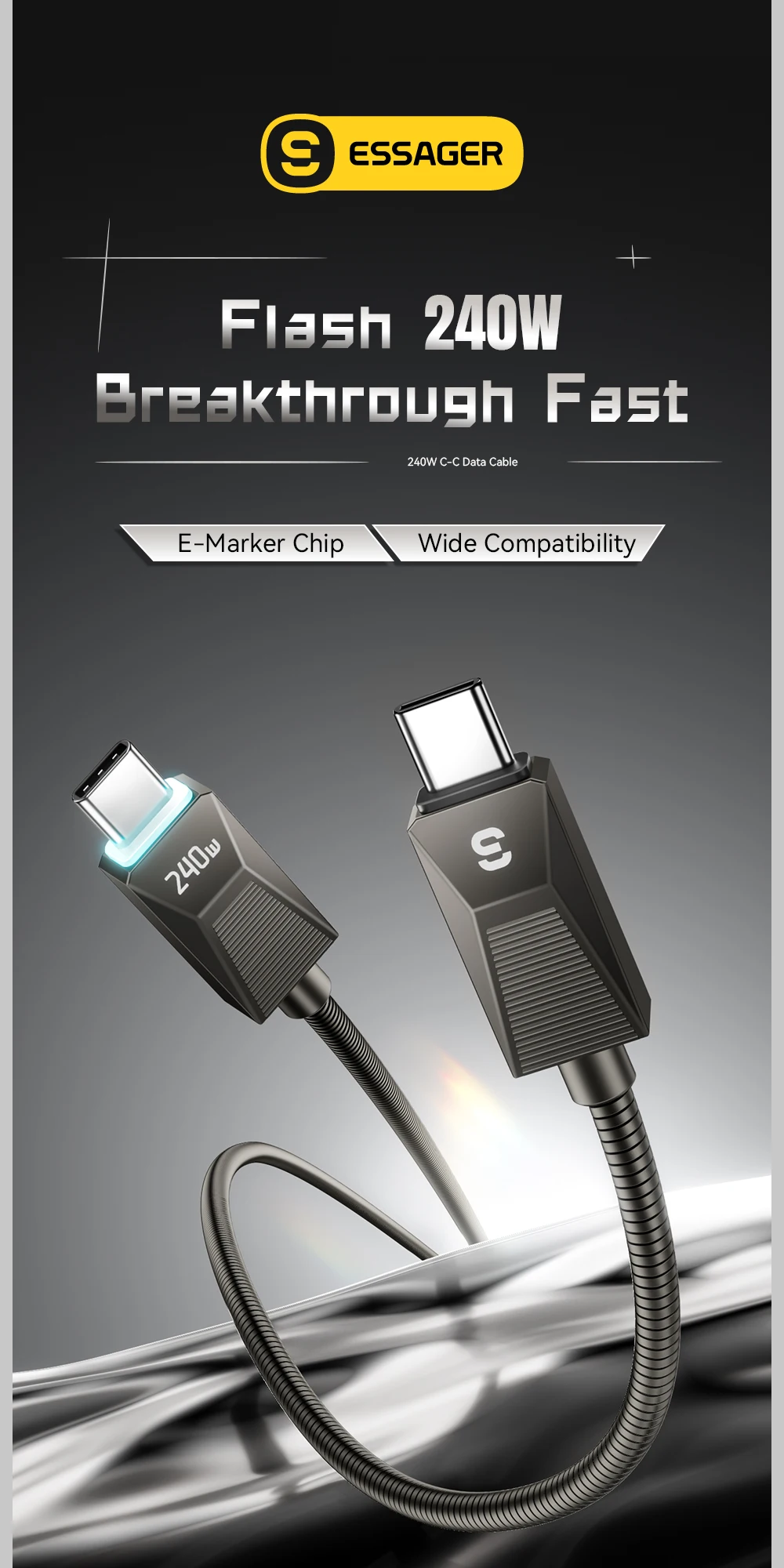 240W Super Fast Charge Type-C Cable 100W Fast Charging Stainless Stee Data Wire